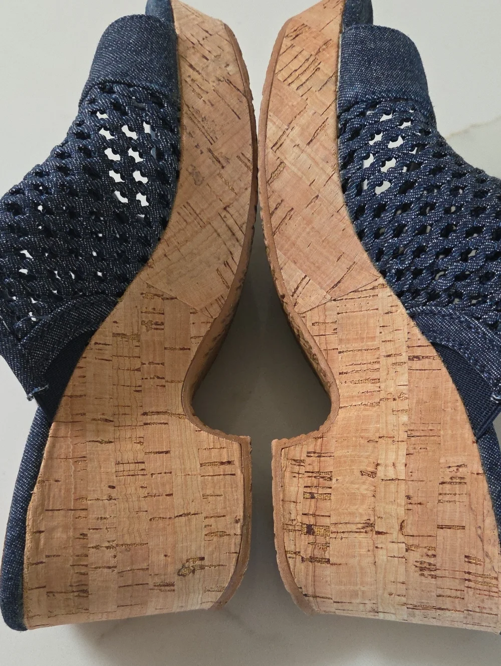 Baretraps Bethie Wedge, Denim Navy Woven Open-Toe Cork Wedge Mules